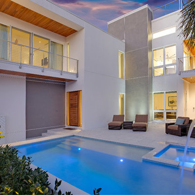 Mid-sized trendy backyard concrete paver and rectangular natural pool fountain photo in Tampa