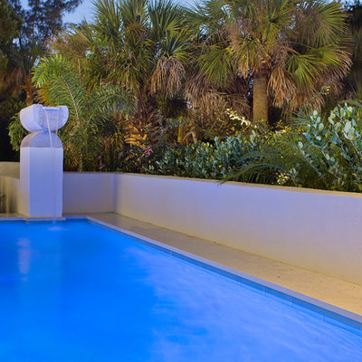 Example of a mid-sized trendy backyard concrete paver and rectangular natural pool fountain design in Tampa
