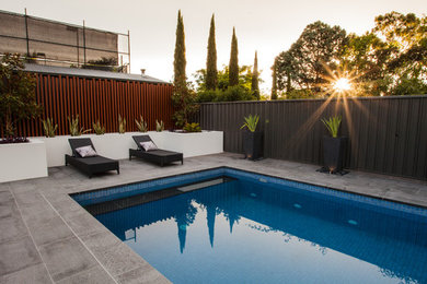 Imagen de piscina alargada moderna de tamaño medio rectangular en patio trasero con adoquines de piedra natural