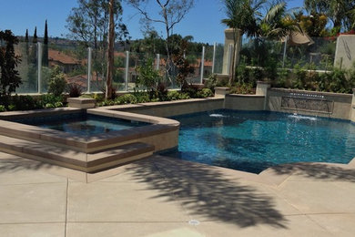 Foto de piscina con fuente alargada tradicional renovada de tamaño medio rectangular en patio trasero con adoquines de hormigón
