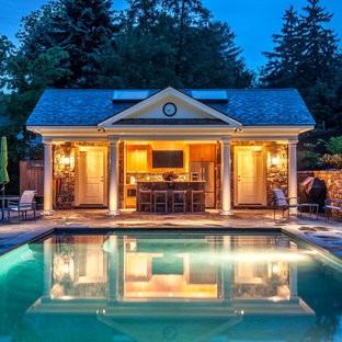 Pool house - traditional stamped concrete and rectangular lap pool house idea in DC Metro