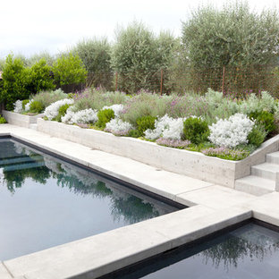 Ejemplo de piscinas y jacuzzis tradicionales renovados, rectangulares, con losas de hormigón