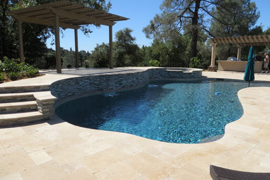 Example of a large tuscan backyard stone and custom-shaped pool design in Sacramento