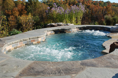 Imagen de piscina con fuente contemporánea de tamaño medio tipo riñón en patio trasero con adoquines de piedra natural