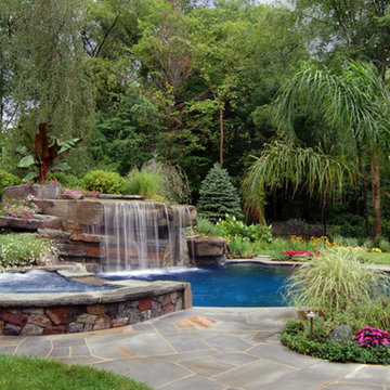 Tropical Backyard Swimming Pool Waterfall Design- Bergen County NJ
