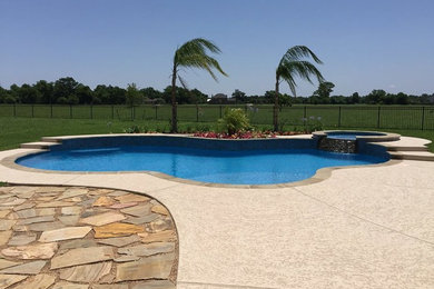 Diseño de piscinas y jacuzzis naturales exóticos grandes a medida en patio trasero con losas de hormigón