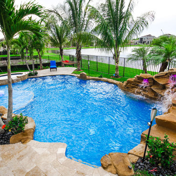 Tropical Style Pool With Rock Waterfall and Raised Spa in Delray Beach, Florida