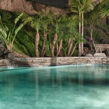 Tropical Style pool with waterfall & firepit