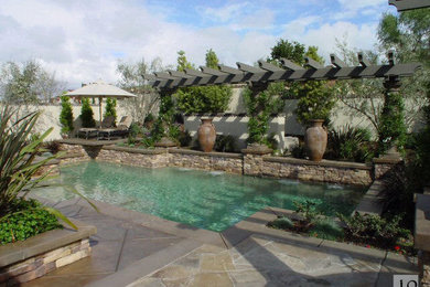 Diseño de piscina con fuente alargada mediterránea grande rectangular en patio trasero con adoquines de piedra natural