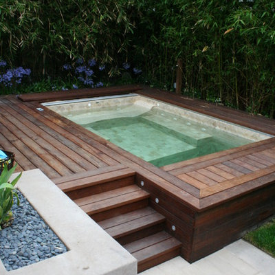 Large trendy backyard rectangular hot tub photo in San Francisco with decking