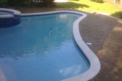 Example of a small minimalist backyard concrete paver and custom-shaped natural hot tub design