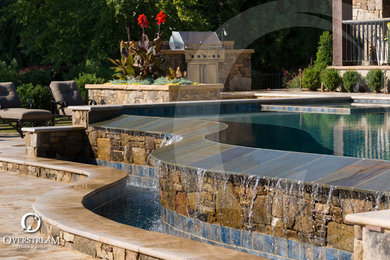 Inspiration for a large modern backyard stone and custom-shaped infinity hot tub remodel in Charlotte