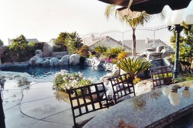 Photo of a medium sized contemporary back custom shaped natural swimming pool in Phoenix with a water feature and stamped concrete.