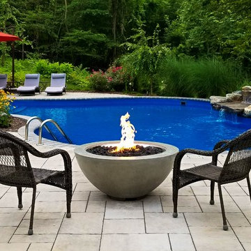 Vinyl pool with Waterfall, Landscape Lighting and Landscaping