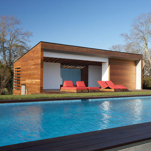 Foto di una grande piscina monocorsia minimalista rettangolare dietro casa con una dépendance a bordo piscina e pedane