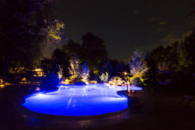 Example of a large minimalist backyard custom-shaped pool fountain design in Other
