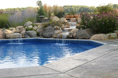 Photo of a large back custom shaped natural swimming pool in Grand Rapids with a water feature and natural stone paving.