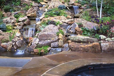 Foto de piscina con fuente natural tradicional grande a medida en patio trasero con adoquines de piedra natural