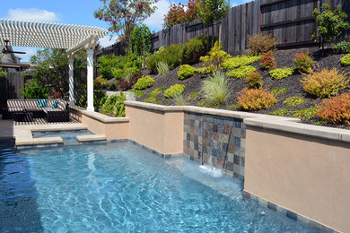 Kleiner Moderner Pool hinter dem Haus in rechteckiger Form mit Wasserspiel und Stempelbeton in Sacramento