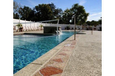 Foto de piscina con fuente elevada moderna de tamaño medio rectangular en patio con adoquines de hormigón