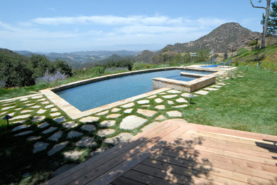 Пример оригинального дизайна: большой спортивный бассейн произвольной формы на заднем дворе в классическом стиле с джакузи и покрытием из каменной брусчатки
