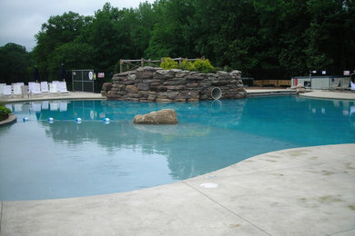 Réalisation d'une piscine naturelle et arrière tradition de taille moyenne et sur mesure avec un toboggan et une dalle de béton.