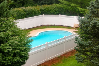 Imagen de piscina tradicional de tamaño medio tipo riñón en patio trasero con losas de hormigón