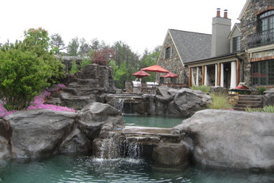 Pool - large tropical backyard stone and custom-shaped pool idea in Other