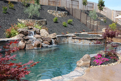 Diseño de piscina con fuente natural contemporánea de tamaño medio tipo riñón en patio trasero