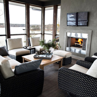 Inspiration for a large contemporary screened-in back porch remodel in Birmingham with decking and a roof extension