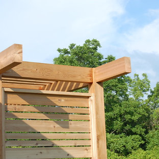 Esempio di un portico etnico di medie dimensioni e dietro casa con pedane e una pergola