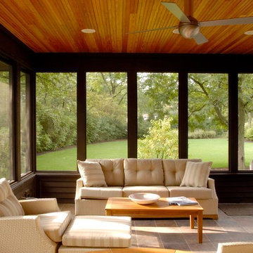 Cedar Sided Screened Porch with Stained Bead Board Ceiling and Tile Floor