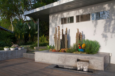 Diseño de terraza tradicional en patio trasero con fuente y entablado