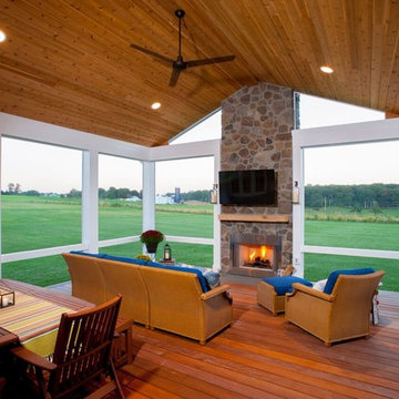 Elevated Screened Porch and Patio with Outdoor Fireplace in Sykesville, MD