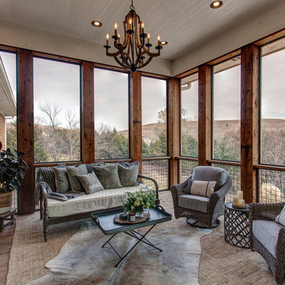 Farmhouse screened-in porch photo in Other with decking and a roof extension