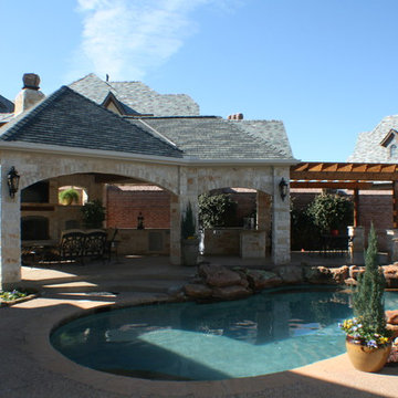 Fort Worth Covered Patio with Pergola Outdoor Kitchen and Outdoor Fireplace