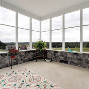 Idee per un portico classico di medie dimensioni e dietro casa con un portico chiuso, lastre di cemento e un tetto a sbalzo