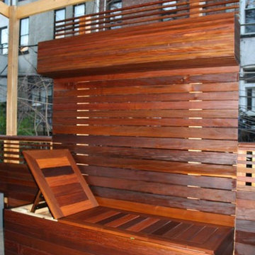 Ipe bench seating with storage space and planter box on top