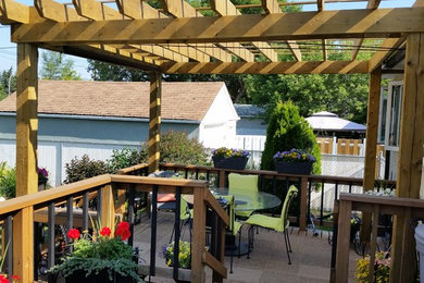 Small transitional back porch idea in Edmonton with decking and a pergola