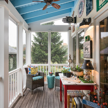 Midwest Screened Porch Addition with Eclectic Vintage Cottage Style