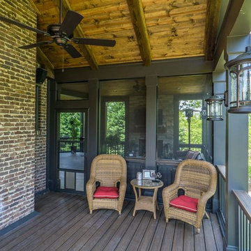 Open porch with pine beams.