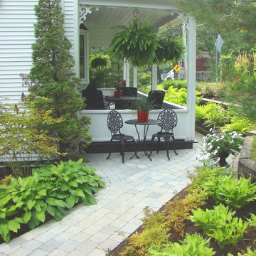 Landscaping with pathways, steps, retaining wall, garden