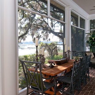 Inspiration for a transitional brick screened-in back porch remodel in Atlanta with a roof extension