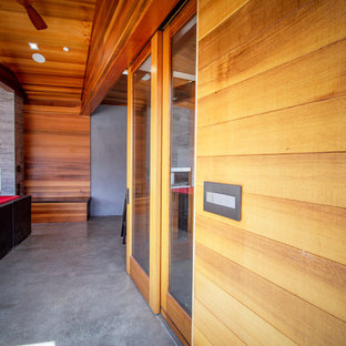 Idee per un portico industriale di medie dimensioni e dietro casa con un caminetto, lastre di cemento e un tetto a sbalzo