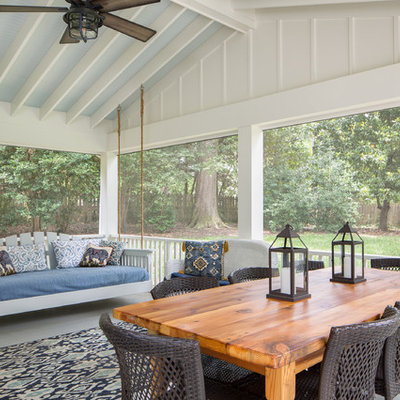 Inspiration for a coastal screened-in back porch remodel in Richmond with a roof extension