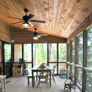 Mountain style screened-in porch idea in Louisville with decking