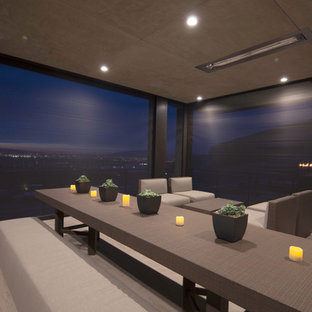 Esempio di un grande portico minimalista dietro casa con piastrelle, un tetto a sbalzo e un focolare
