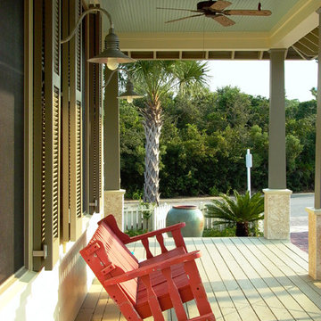 Red bench on front porch