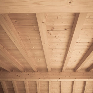 Ispirazione per un grande portico moderno nel cortile laterale con un portico chiuso, pavimentazioni in pietra naturale, una pergola e parapetto in legno