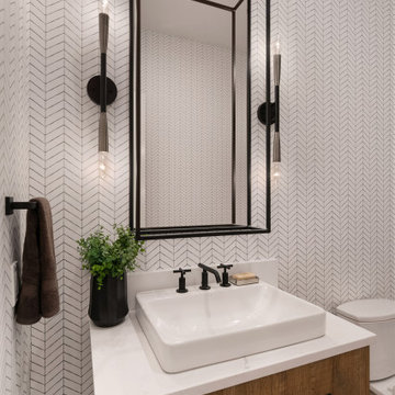 3D Frame Mirror with Geometric Wallpaper in Powder